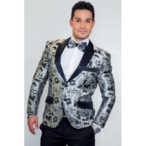 Silver Tapestry Floral Slim Fit Tuxedo Jacket